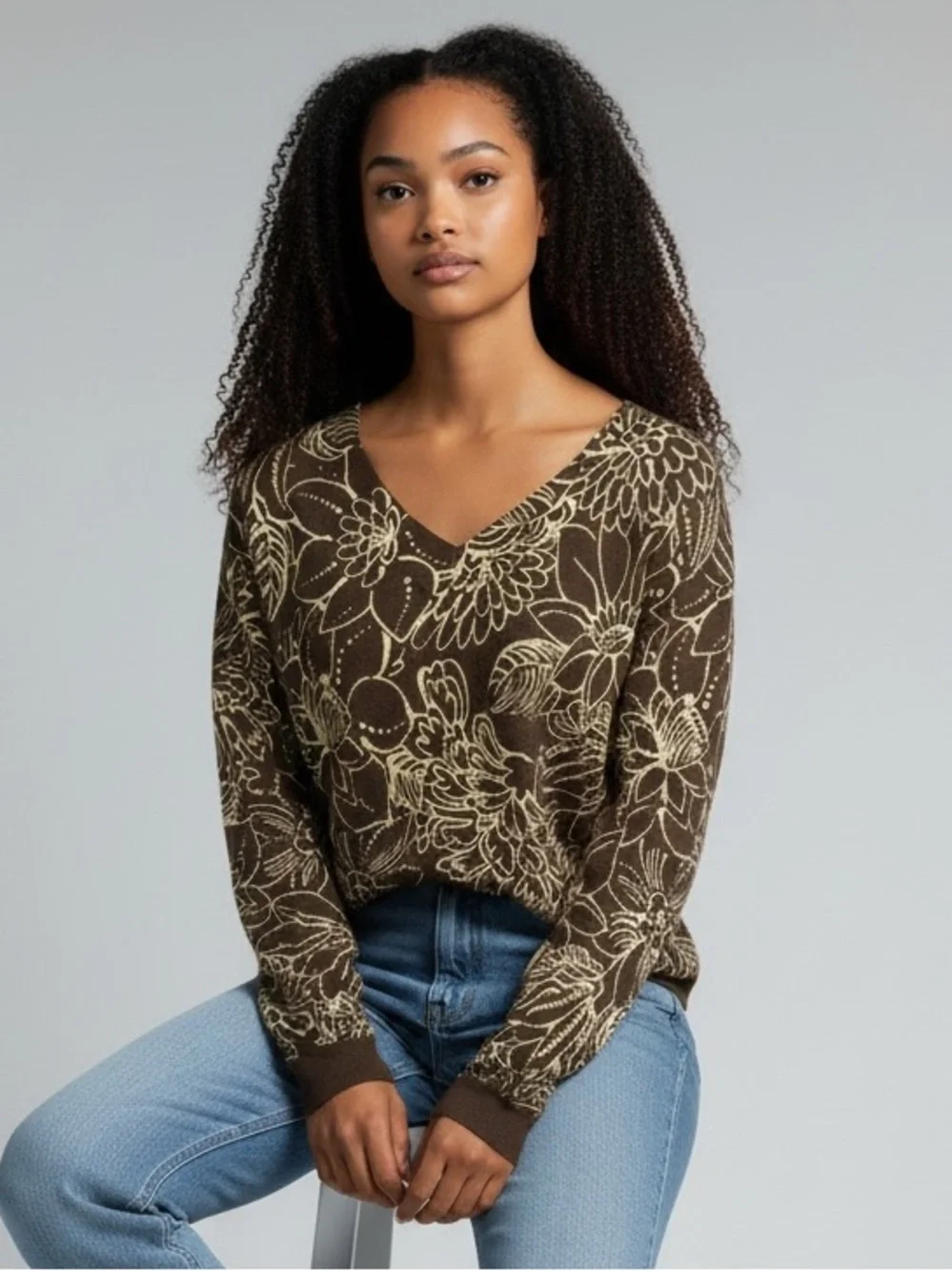 CHICOS Sweater Top V Neck Brown Gold Soft Floral Long Sleeve